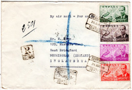 Spanien 1948, 4 Correo Aereo Marken Auf Luftpost Reko Brief V. TORTOSA N. GB - Brieven En Documenten