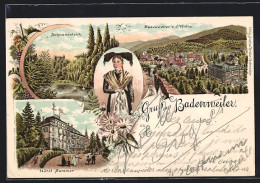 Lithographie Badenweiler, Ortsansicht Von Der Ruine Aus, Schwanenteich, Hotel Sommer  - Badenweiler