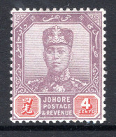 Malaysian States - Johore - 1904-10 Sultan Ibrahim - Wmk. Single Rosette - 4c Dull Purple & Carmine HM (SG 64) - Johore