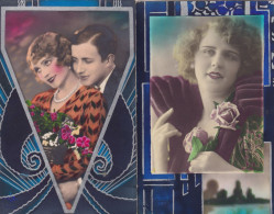 2 Cartes Peinte Main Art Deco Belle Femme Et Couple Envoi Les Bretonnières - Andere & Zonder Classificatie