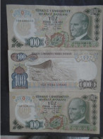 TURKEY , P 189b , 100 Lira , L 1970 ,  UNC  Neuf , 3 Notes - Turquie