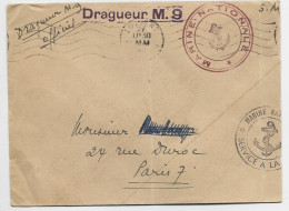 LETTRE SM OFFICIEL MEC LORIENT MORBIHAN 1946 + GRIFFE DRAGUEUR M9 POUR PARIS NOM RAYE - Correo Naval