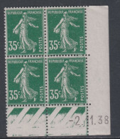 France N° 361 X Type Semeuse 35 C. Vert En Bloc De 4 Coin Daté Du 2 . 11. 38 ; Sans Point Blanc,  Trace Charnière, TB - 1930-1939