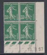 France N° 361 XX Type Semeuse 35 C. Vert En Bloc De 4 Coin Daté Du 10 . 9 . 37 ; Sans Pt Blanc, Charnière Sur Bord, TB - 1930-1939