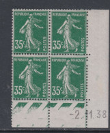 France N° 361 X Type Semeuse 35 C. Vert En Bloc De 4 Coin Daté Du 2 . 11 . 38 ; Sans Pt Blanc, Trace Charnière , TB - 1930-1939