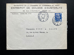 15f MARIANNE DE GANDON SUR ENVELOPPE PARIS GARE D'AUSTERLITZ A 1952 POUR PARIS / ENTREPOT DE DOUANE D'AUSTERLITZ - 1921-1960: Modern Period