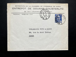 15f MARIANNE DE GANDON SUR ENVELOPPE PARIS GARE D'AUSTERLITZ B 1952 POUR PARIS / ENTREPOT DE DOUANE D'AUSTERLITZ - 1921-1960: Modern Period