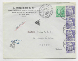 GANDON 4FR VIOLETX4+ 2FR MAZELIN LETTRE AVION PARIS 1948 POUR SUISSE TAXE 0.180 FR OR - 1945-54 Marianna Di Gandon