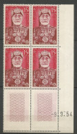 TUNISIE N° 385 Bloc De 4 Coin Daté 9 / 9 / 54 NEUF** SANS CHARNIERE NI TRACE / Hingeless  / MNH - Unused Stamps