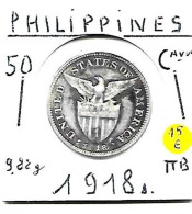 PHILIPPINES  US.Période  50  Centavos   Année 1918s  KM171, Ag. 0.750,  TTB - Philippines