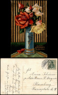 Glückwunsch Geburtstag Birthday Rosenvase Präge-Gold Ornament 1911 Goldrand - Cumpleaños