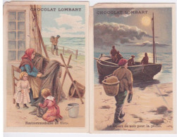 CHROMOS - CHROMO - CHOCOLAT LOMBART -  THEME PPECHE A LA MER - RACCOMMODEUSE DE FILETS ET DEPART DE NUIT - Lombart