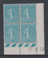 France N° 362 X Type Semeuse Lignée 50 C. Turquoise En Bloc De 4 Coin Daté Du 17 .11. 38 ; 3 Pts Blancs ; Trace Ch., TB - 1930-1939