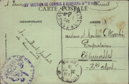 1915 De TUNISIE  Griffe  " 25° SECTION DE COMMIS & OUVRIERS " Cachet Bleu Illisible  Envoyée à ESPINASSES 05 - Cartas & Documentos