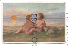 Reproduction D'une œuvre De W. Fialkowska. Deux Enfants Nus Sur La Plage Au Soleil Couchant - Paintings