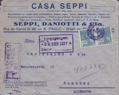 Brazil CASA SEPPI Registered Certificada SAO PAULO 1927 Cover Letra HAMBURG (Arr. Cds.) Germany Hermes & Globe - Cartas & Documentos