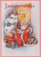 SANTA CLAUS Happy New Year Christmas SNOWMAN Vintage Postcard CPSM #PAU388.GB - Santa Claus