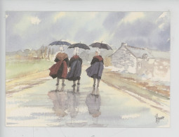 Bretagne Série Bigoudènes Cp Vierge N°06/20 Aquarelle Yves Agaisse (3 Femmes Parapluie Sous La Pluie) - Bretagne