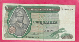 BANQUE DU ZAÏRE  .  5 ZAÏRES  .  24-11-1977  .  N° B 3464437 H  .  2 SCANNES  .  ETAT USITE - Zaïre