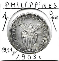 PHILIPPINES  US.Période 1 PESO   Année 1908s   KM172, Ag. 0.800, TTB+ - Filipinas