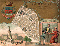 CHROMO AU BON MARCHE MATHIEUX-BOUNAIX CHAUSSURES A PARIS PLAN RUES ET BOULEVARDS BLASON TEMPLE BIJOUTERIE - Sonstige & Ohne Zuordnung