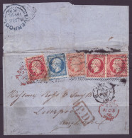 FRANCE 1853-1860 Five Stamps On The Cover: 80c Carmin (3 Stamps) + 20c Bleu + 40c Jeune-orange - 1853-1860 Napoleon III