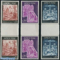 Andorra, French Post 1967 Frescoes 3 Gutterpairs, Mint NH, Religion - Religion - Art - Paintings - Neufs