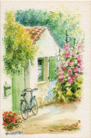 Aquarelle De D. LEBEAU - Maisonnette, Vélo, Roses Trémières - Autres & Non Classés