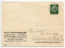 Germany 1939 Postcard; Quakenbrück - Fritz Wiehenkamp, Häute Und Felle - Pelztierfarm To Schiplage; 6pf. Hindenburg - Brieven En Documenten