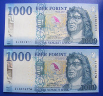 Hungary 2x 1000 Forint Consecutive Serial Numbers 2023 UNC /2 - Hungary