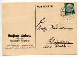 Germany 1938 Postcard; Seestadt Rostock - Gustav Robow, Präparator (Taxidermist) To Schiplage; 6pf. Hindenburg - Briefe U. Dokumente