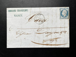 N°14 20c BLEU NAPOLEON SUR LETTRE / NANCY POUR CAEN / 8 JANV 1855 / LAC - 1849-1876: Période Classique