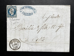 N°14 20c BLEU NAPOLEON SUR LETTRE / GRENOBLE POUR CETTE / 7 JANV 1855 / LSC - 1849-1876: Classic Period