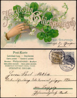 Glückwunsch Geburtstag Birthday Glücksklee, Frauenhand - Prägekarte 1904 - Compleanni