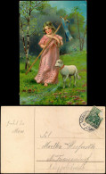 Glückwunsch Ostern Easter Mädchen Lamm Osterlamm 1909   Gel Stempel GLASHÜTTE - Pâques