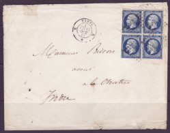 FRANCE 1853-1860 BLOC DE QUATRE 20c Bleu YT N°14 Bloc Of Four On The Cover From Paris - 1853-1860 Napoleone III