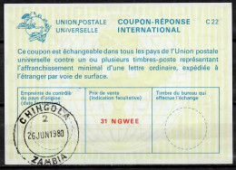 ZAMBIE ZAMBIA  La22A  31 NGWEE  International Reply Coupon Reponse Antwortschein Cupon Respuesta IRC IAS  CHINGOLA 26.06 - Zambie (1965-...)