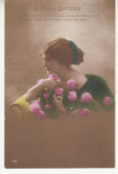 G55. Antique Tinted Greetings Postcard.  Lady With Pink Flowers. - Women