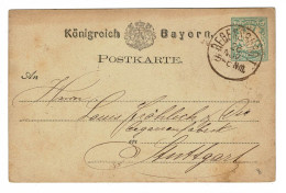 EP E.P. Entier Postale Ganzsache Deutschland Konigreich Bayern Regensburg 1878  Postkarte Stuttgart 5 Pfennig Allemagne - Ganzsachen