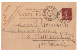 Carte Postale Entier 20c Semeuse Date Oblique 525 Ob MORHANGE Moselle Ob 5/6/1926 Dest Munster St H1b - Standard Postcards & Stamped On Demand (before 1995)