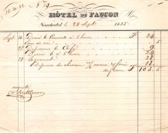 12820 "HÔTEL DU FAUCON - NEUCHATEL - LE 28 SEPT. 1835 - NOTE" ORIG. - Suisse