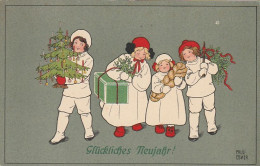 AK Glückliches Neujahr - Kinder Mit Weihnachtsbaum Und Geschenken - Feldpost Ulm 1916  (69327) - New Year