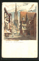 Lithographie Ulm A. D., Hirschgasse Mit Kirche  - Ulm