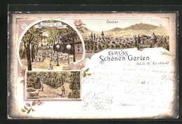 Lithographie Goslar, Gasthaus Zum Schönen Garten, Gartenpartie & Gesamtansicht  - Goslar
