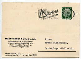 Germany 1938 Postcard; Zwickau (Sachs) - Max Friedrich & Co., Maschinenfabrik To Schiplage; 6pf. Hindenburg - Storia Postale