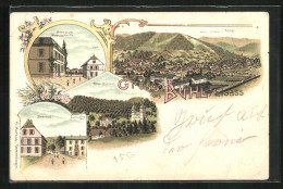 Lithographie Bühl, Bahn Hotel Wilhelm Martin, Vue Générale, La Gare, Abtei Murbach  - Murbach