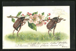 Lithographie Maikäfer Tragen Einen Blütenstängel Durch Das Gras, Fröhliche Pfingsten  - Insectes