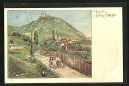 Lithographie Wien-Leopoldsberg, Fahrradfahrer Mit Burg Im Hintergrund  - Sonstige & Ohne Zuordnung