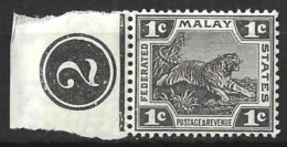 MALAYA.."  F.M.S. "...KING GEORGE..V..(1910-36..)..." 1922.."......1c......PLATE 2.....MH........ - Federated Malay States