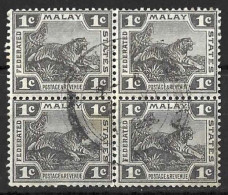 MALAYA.."  F.M.S. "...KING GEORGE..V..(1910-36..)..." 1922.."...TIGER......1c...X BLOCK OF 4.....SG53.......CDS....USED. - Federated Malay States